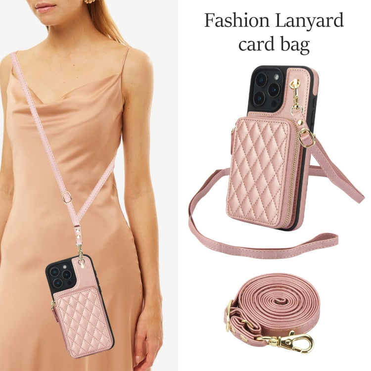 For iPhone 16 Pro AwQuer Crossbody Zipper Wallet Rhombic Leather Back Phone Case