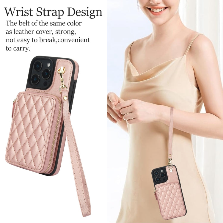 For iPhone 16 Pro AwQuer Crossbody Zipper Wallet Rhombic Leather Back Phone Case