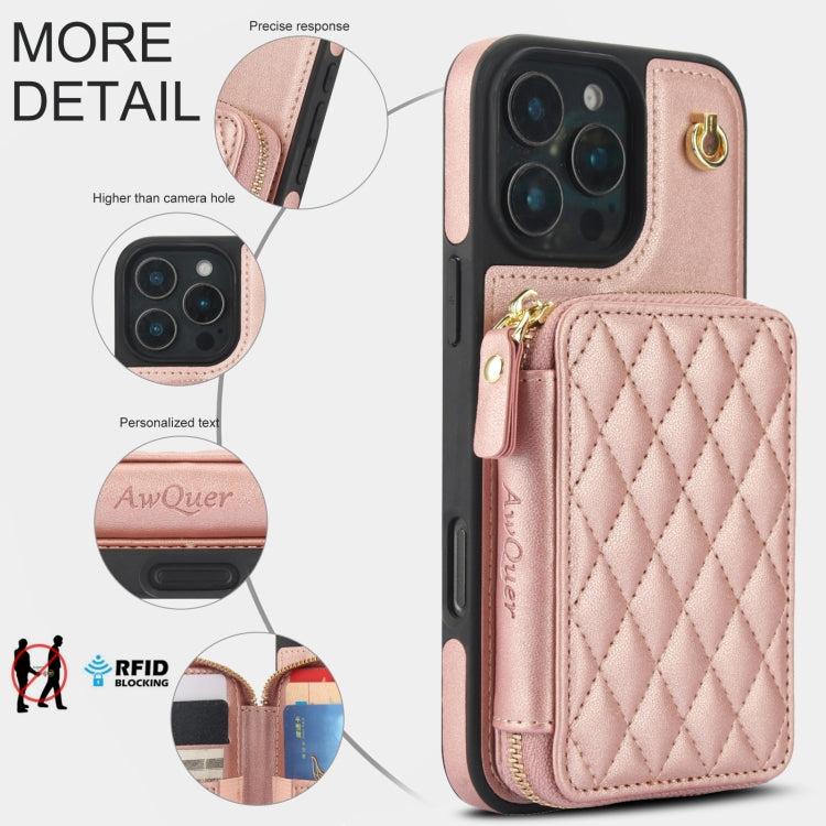 For iPhone 16 Pro AwQuer Crossbody Zipper Wallet Rhombic Leather Back Phone Case