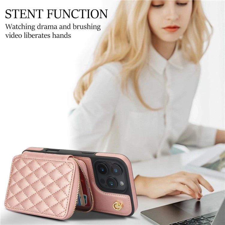 For iPhone 16 Pro AwQuer Crossbody Zipper Wallet Rhombic Leather Back Phone Case