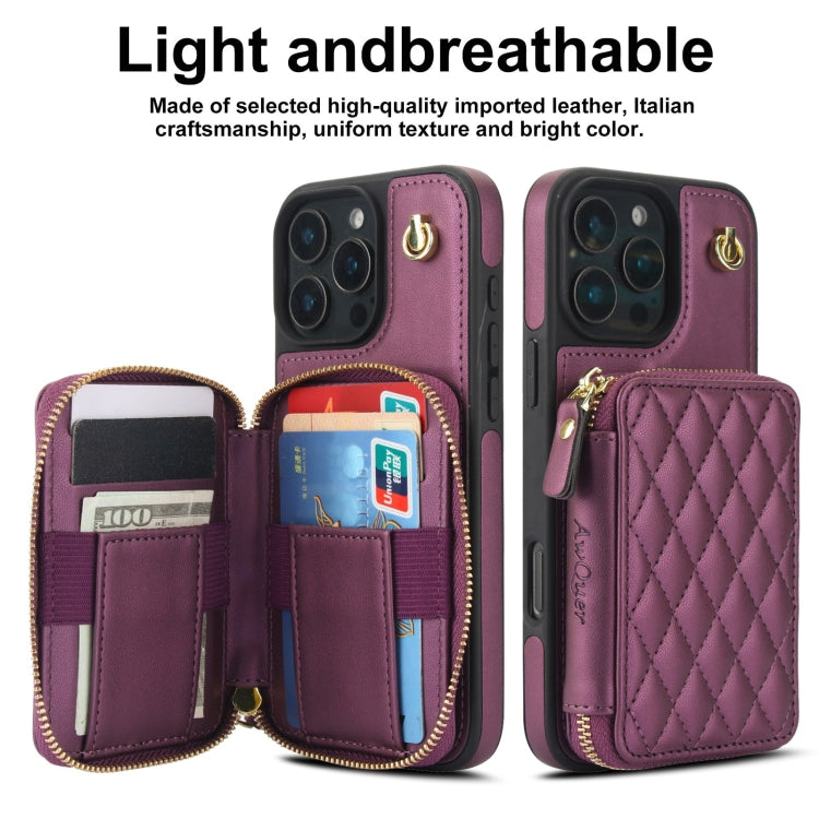 For iPhone 16 Pro AwQuer Crossbody Zipper Wallet Rhombic Leather Back Phone Case