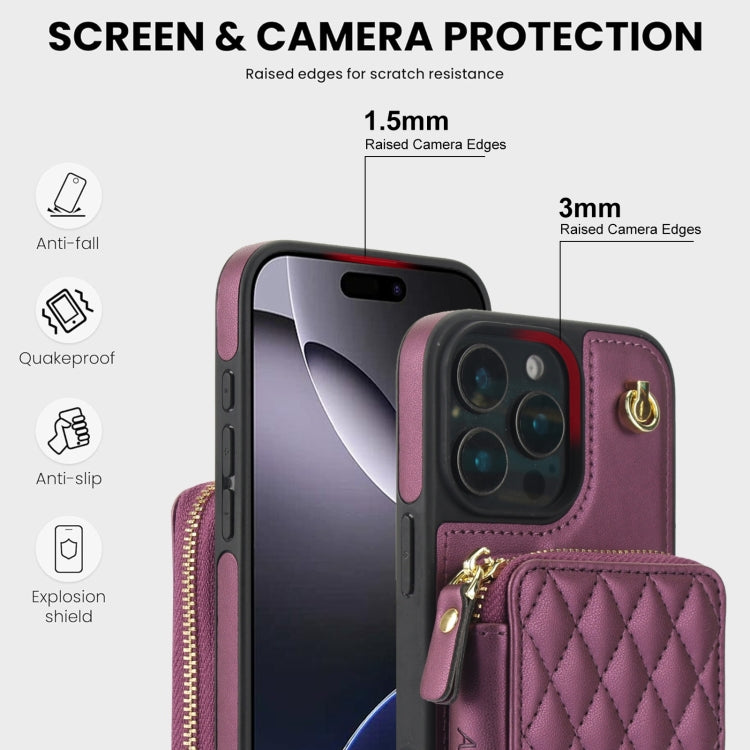 For iPhone 16 Pro AwQuer Crossbody Zipper Wallet Rhombic Leather Back Phone Case