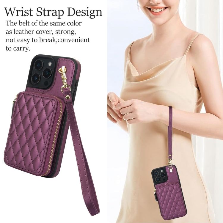 For iPhone 16 Pro AwQuer Crossbody Zipper Wallet Rhombic Leather Back Phone Case