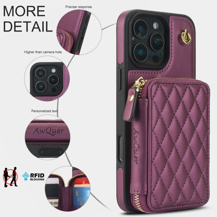 For iPhone 16 Pro AwQuer Crossbody Zipper Wallet Rhombic Leather Back Phone Case
