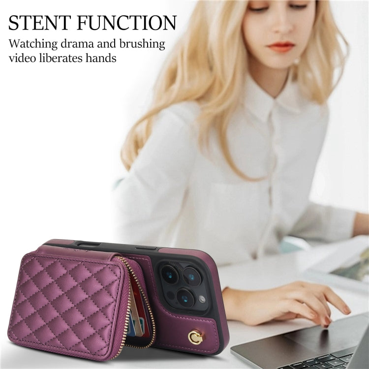 For iPhone 16 Pro AwQuer Crossbody Zipper Wallet Rhombic Leather Back Phone Case