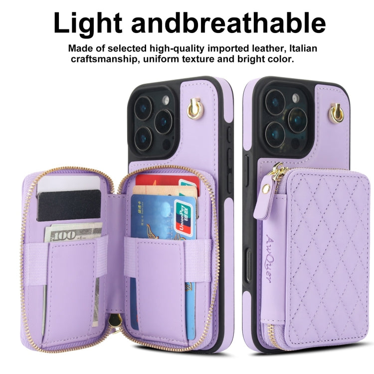 For iPhone 16 Pro AwQuer Crossbody Zipper Wallet Rhombic Leather Back Phone Case