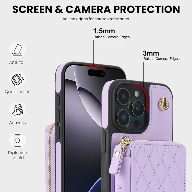 For iPhone 16 Pro AwQuer Crossbody Zipper Wallet Rhombic Leather Back Phone Case