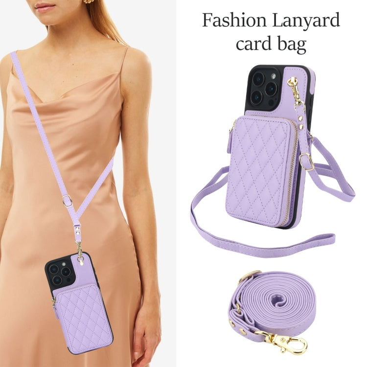 For iPhone 16 Pro AwQuer Crossbody Zipper Wallet Rhombic Leather Back Phone Case