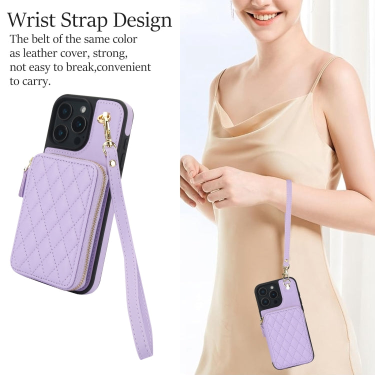 For iPhone 16 Pro AwQuer Crossbody Zipper Wallet Rhombic Leather Back Phone Case