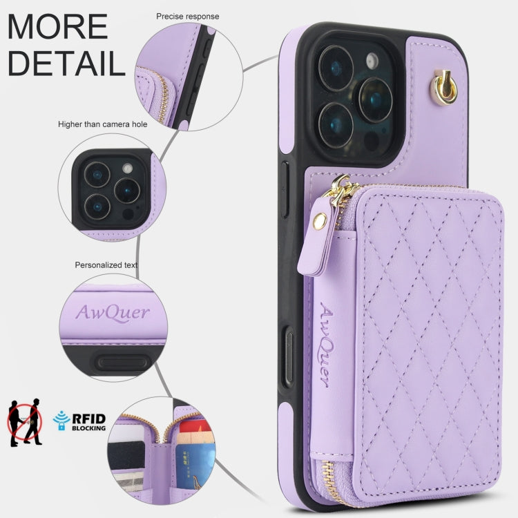 For iPhone 16 Pro AwQuer Crossbody Zipper Wallet Rhombic Leather Back Phone Case