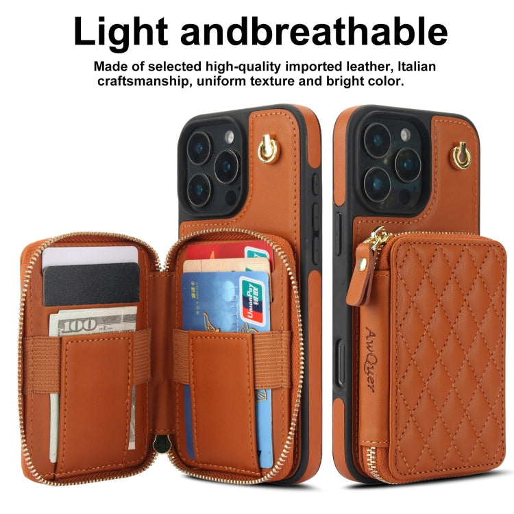 For iPhone 16 Pro AwQuer Crossbody Zipper Wallet Rhombic Leather Back Phone Case