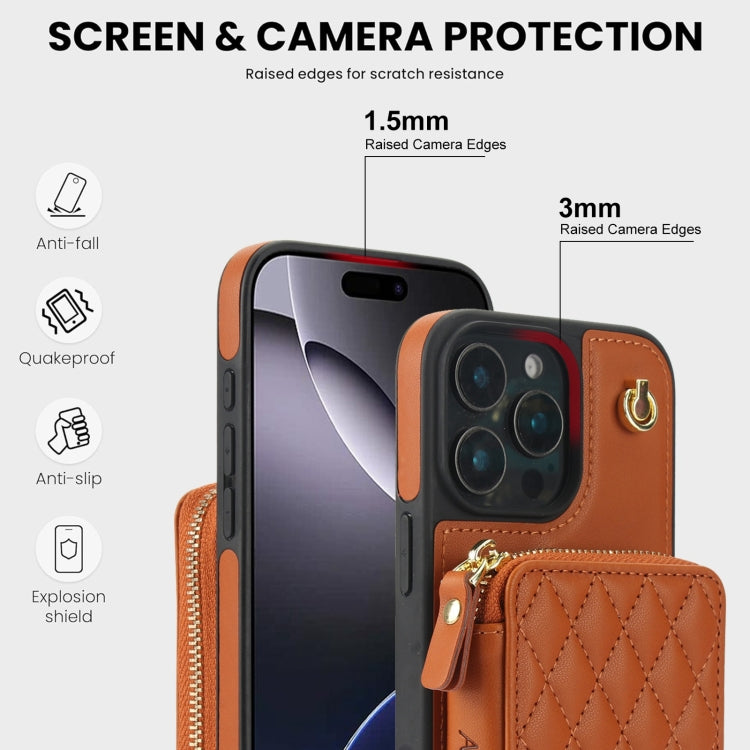 For iPhone 16 Pro AwQuer Crossbody Zipper Wallet Rhombic Leather Back Phone Case