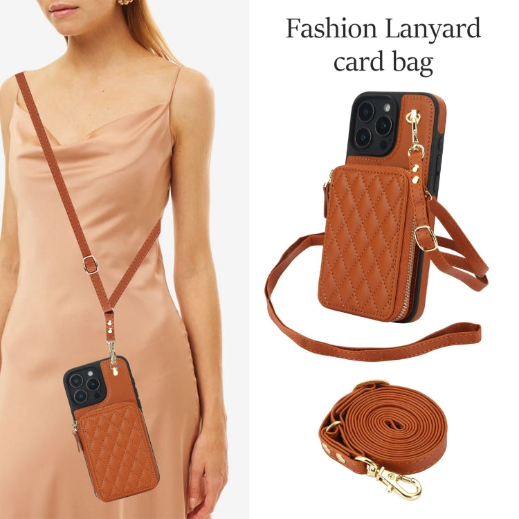 For iPhone 16 Pro AwQuer Crossbody Zipper Wallet Rhombic Leather Back Phone Case