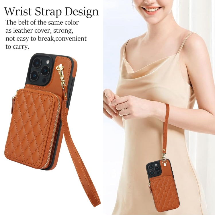For iPhone 16 Pro AwQuer Crossbody Zipper Wallet Rhombic Leather Back Phone Case