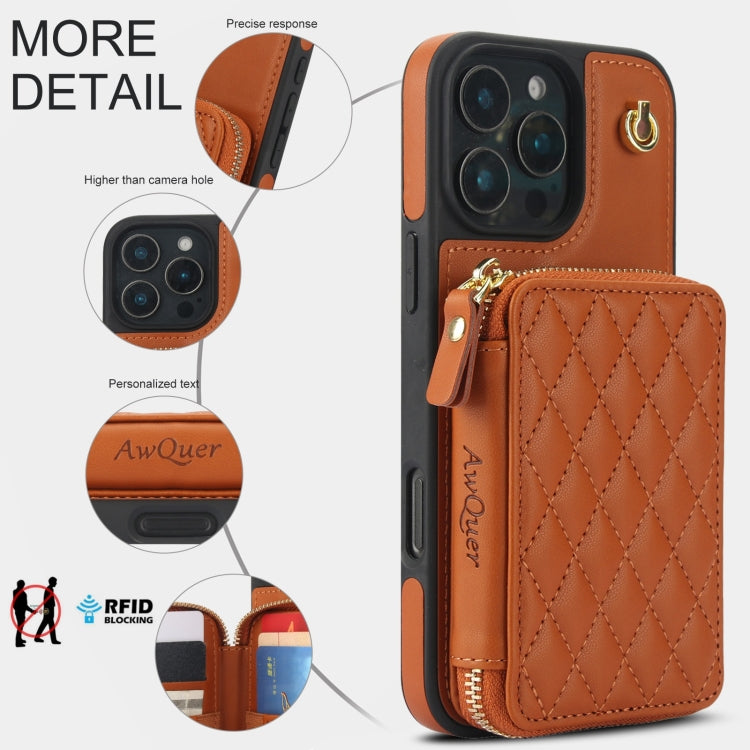 For iPhone 16 Pro AwQuer Crossbody Zipper Wallet Rhombic Leather Back Phone Case
