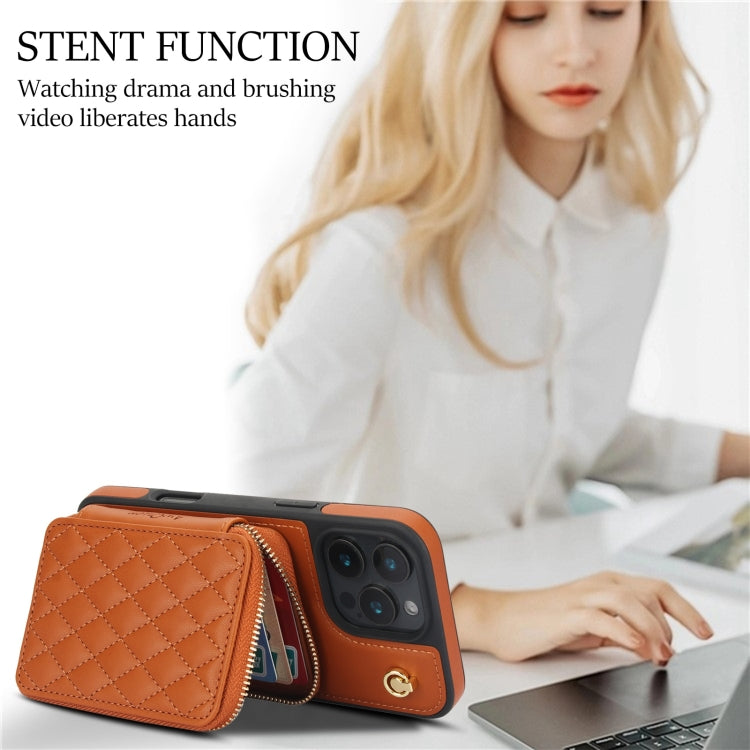 For iPhone 16 Pro AwQuer Crossbody Zipper Wallet Rhombic Leather Back Phone Case