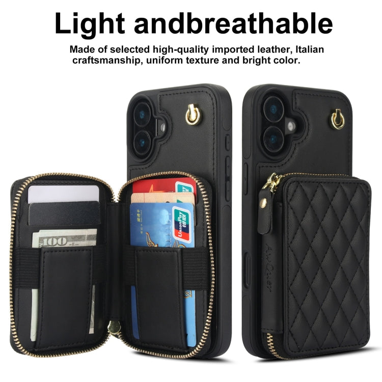 For iPhone 16 Plus AwQuer Crossbody Zipper Wallet Rhombic Leather Back Phone Case
