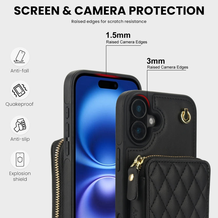 For iPhone 16 Plus AwQuer Crossbody Zipper Wallet Rhombic Leather Back Phone Case