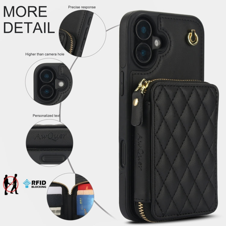 For iPhone 16 Plus AwQuer Crossbody Zipper Wallet Rhombic Leather Back Phone Case