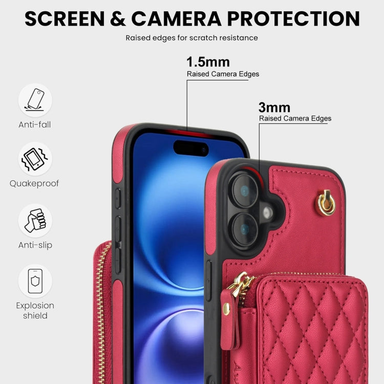 For iPhone 16 Plus AwQuer Crossbody Zipper Wallet Rhombic Leather Back Phone Case