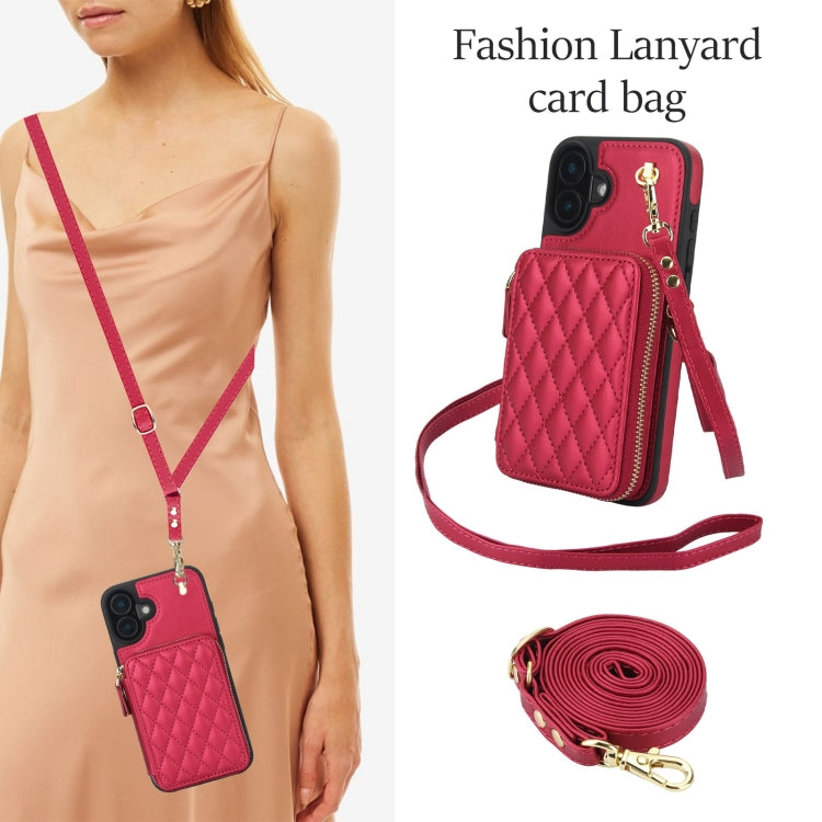For iPhone 16 Plus AwQuer Crossbody Zipper Wallet Rhombic Leather Back Phone Case