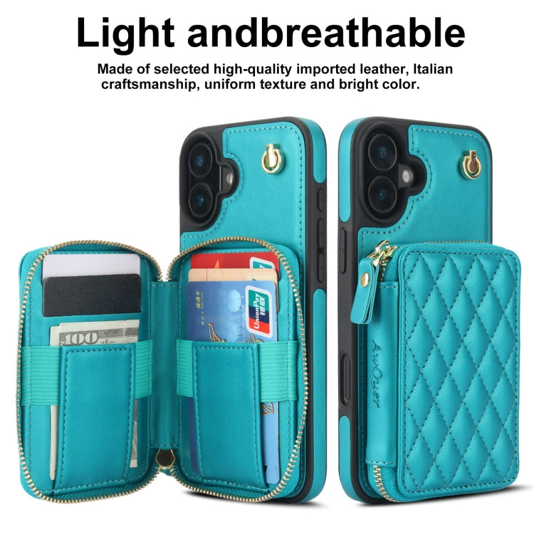 For iPhone 16 Plus AwQuer Crossbody Zipper Wallet Rhombic Leather Back Phone Case