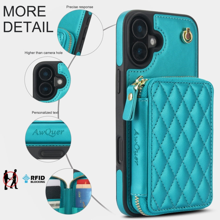 For iPhone 16 Plus AwQuer Crossbody Zipper Wallet Rhombic Leather Back Phone Case