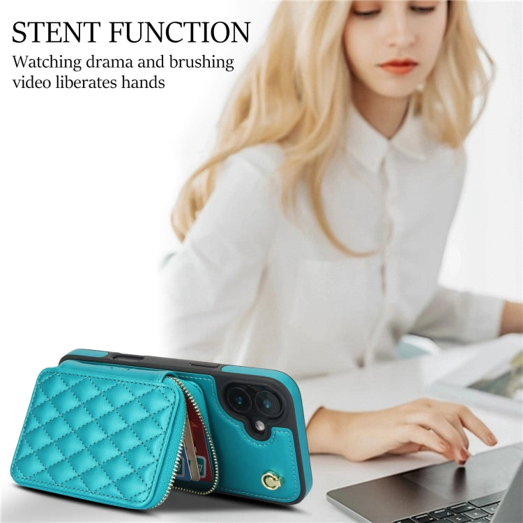 For iPhone 16 Plus AwQuer Crossbody Zipper Wallet Rhombic Leather Back Phone Case