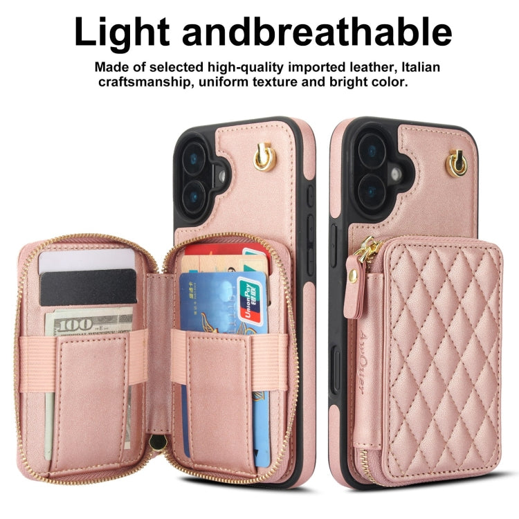 For iPhone 16 Plus AwQuer Crossbody Zipper Wallet Rhombic Leather Back Phone Case