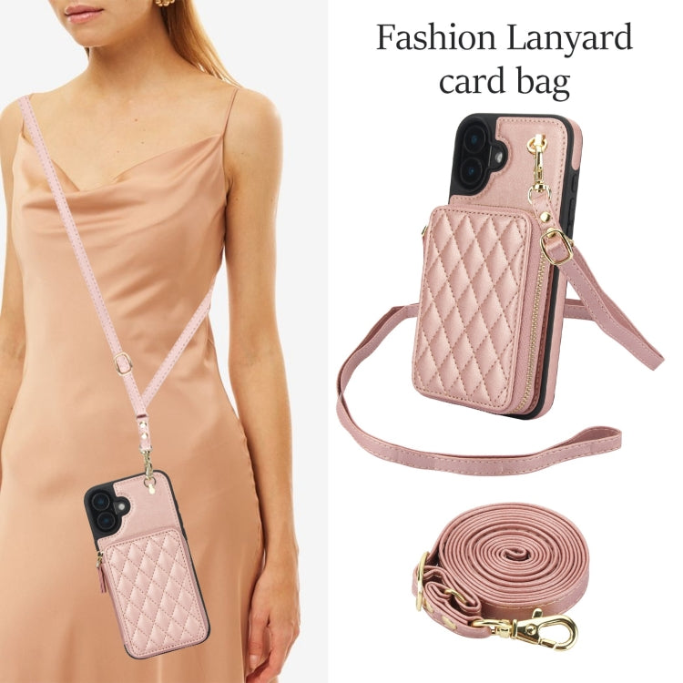 For iPhone 16 Plus AwQuer Crossbody Zipper Wallet Rhombic Leather Back Phone Case