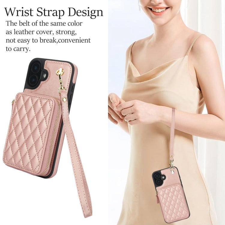 For iPhone 16 Plus AwQuer Crossbody Zipper Wallet Rhombic Leather Back Phone Case
