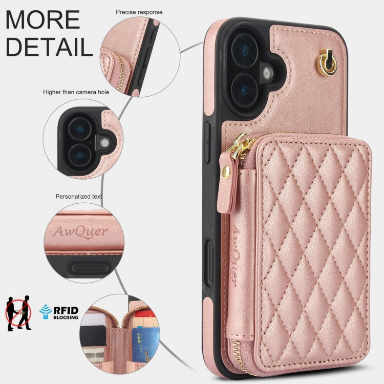 For iPhone 16 Plus AwQuer Crossbody Zipper Wallet Rhombic Leather Back Phone Case