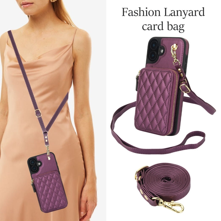 For iPhone 16 Plus AwQuer Crossbody Zipper Wallet Rhombic Leather Back Phone Case