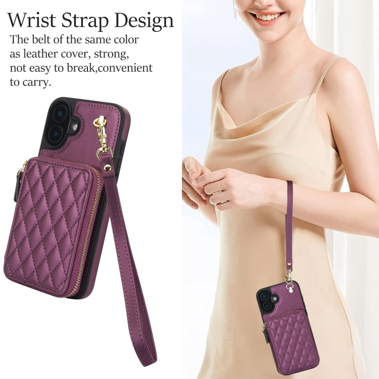 For iPhone 16 Plus AwQuer Crossbody Zipper Wallet Rhombic Leather Back Phone Case