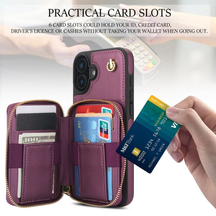 For iPhone 16 Plus AwQuer Crossbody Zipper Wallet Rhombic Leather Back Phone Case