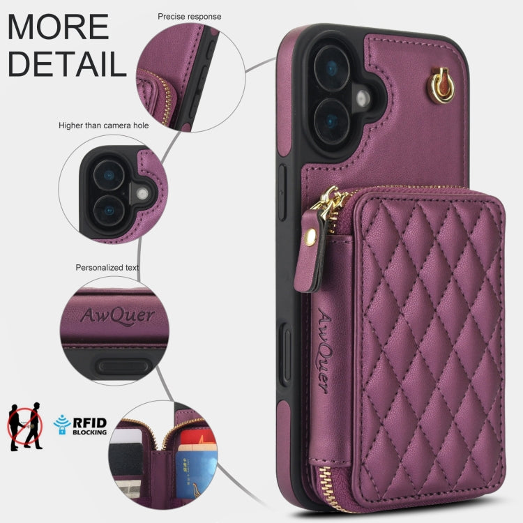 For iPhone 16 Plus AwQuer Crossbody Zipper Wallet Rhombic Leather Back Phone Case