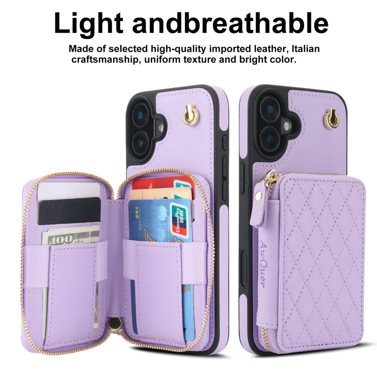 For iPhone 16 Plus AwQuer Crossbody Zipper Wallet Rhombic Leather Back Phone Case