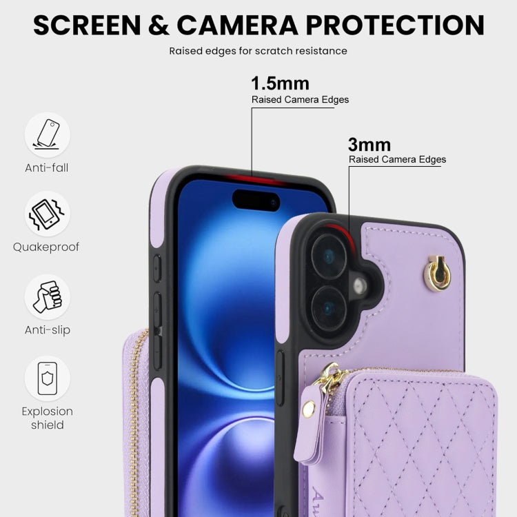 For iPhone 16 Plus AwQuer Crossbody Zipper Wallet Rhombic Leather Back Phone Case