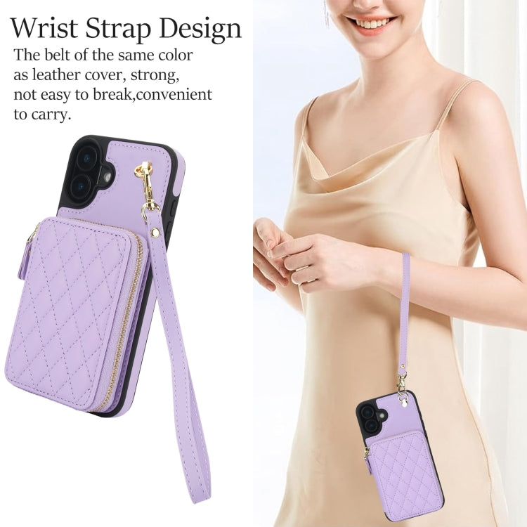 For iPhone 16 Plus AwQuer Crossbody Zipper Wallet Rhombic Leather Back Phone Case