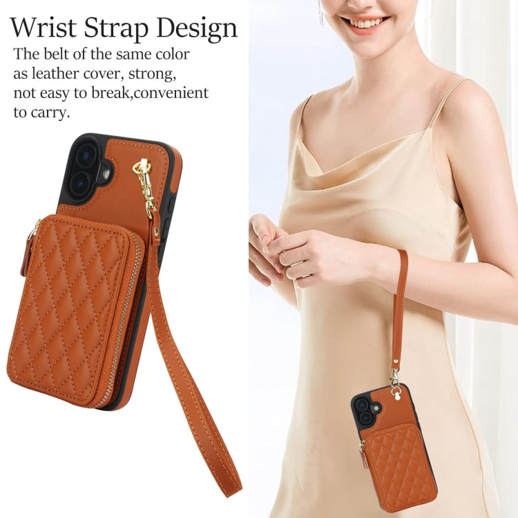 For iPhone 16 Plus AwQuer Crossbody Zipper Wallet Rhombic Leather Back Phone Case