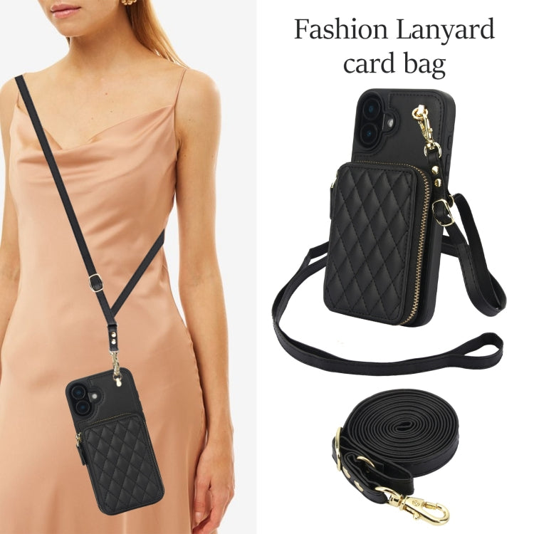For iPhone 16 AwQuer Crossbody Zipper Wallet Rhombic Leather Back Phone Case