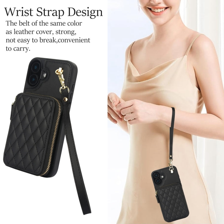 For iPhone 16 AwQuer Crossbody Zipper Wallet Rhombic Leather Back Phone Case