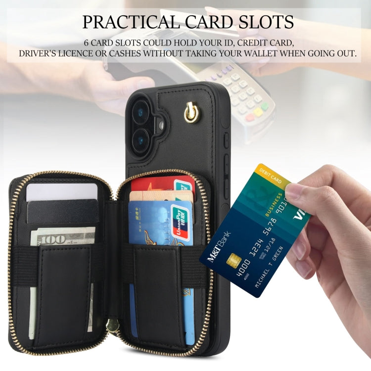 For iPhone 16 AwQuer Crossbody Zipper Wallet Rhombic Leather Back Phone Case