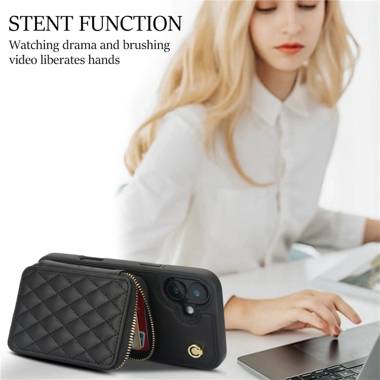 For iPhone 16 AwQuer Crossbody Zipper Wallet Rhombic Leather Back Phone Case