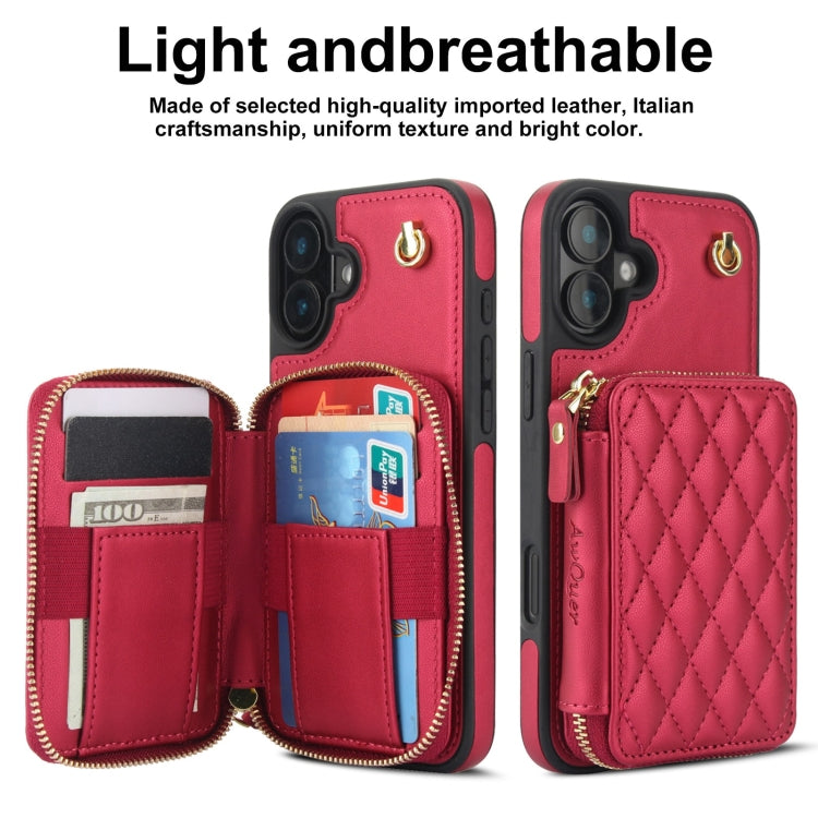For iPhone 16 AwQuer Crossbody Zipper Wallet Rhombic Leather Back Phone Case