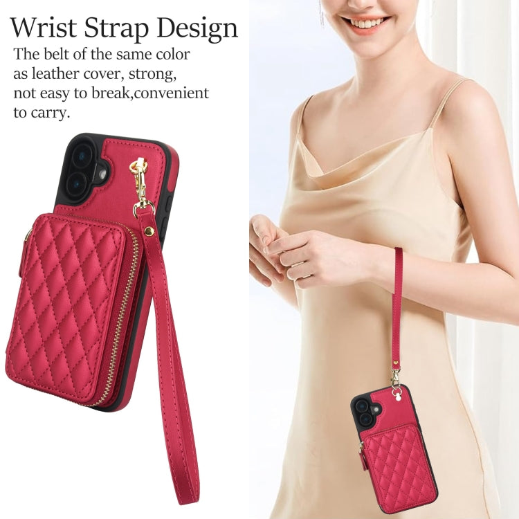 For iPhone 16 AwQuer Crossbody Zipper Wallet Rhombic Leather Back Phone Case
