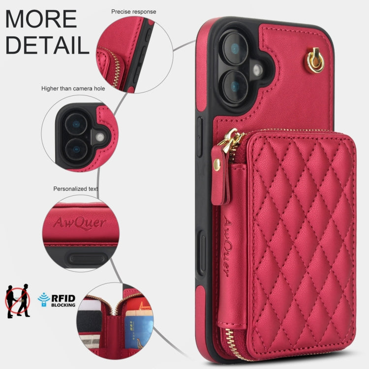 For iPhone 16 AwQuer Crossbody Zipper Wallet Rhombic Leather Back Phone Case