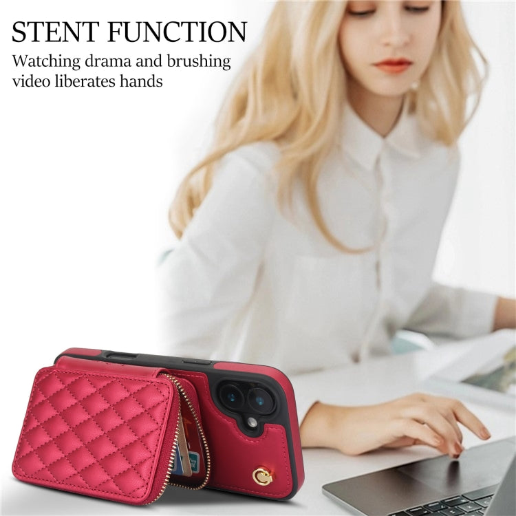 For iPhone 16 AwQuer Crossbody Zipper Wallet Rhombic Leather Back Phone Case