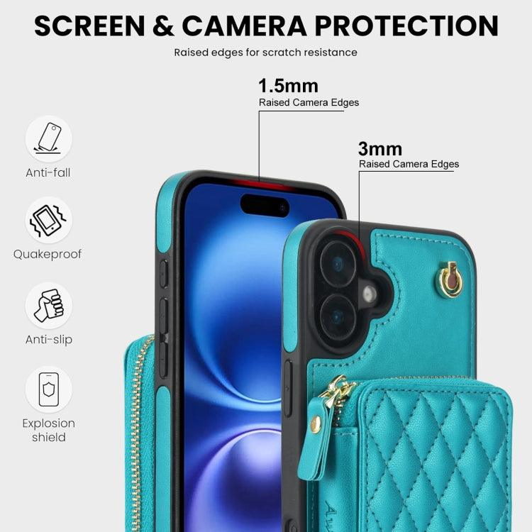 For iPhone 16 AwQuer Crossbody Zipper Wallet Rhombic Leather Back Phone Case