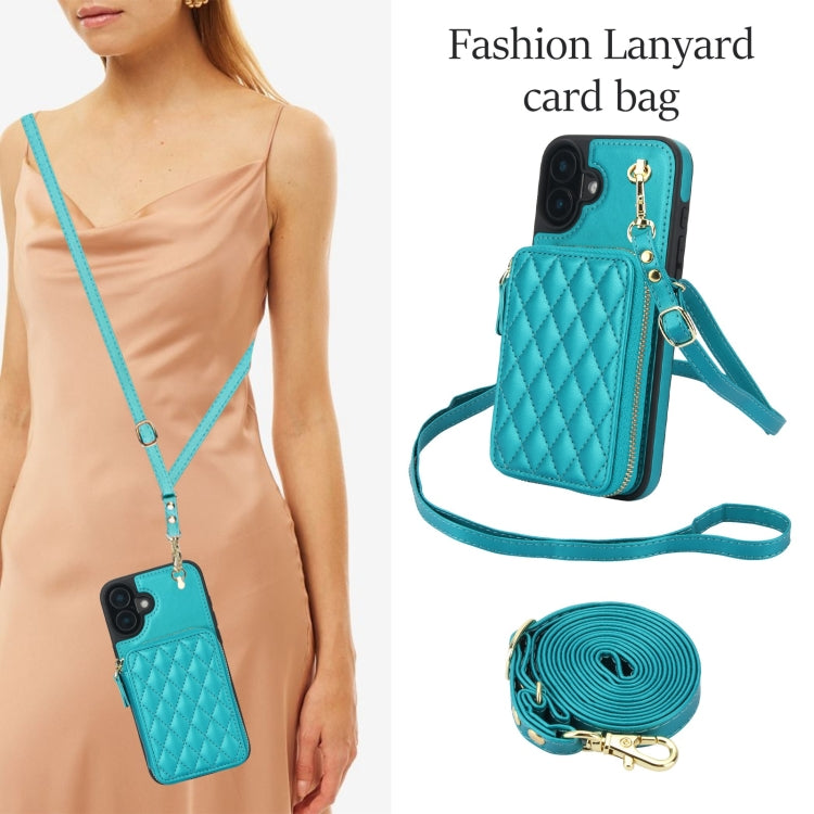 For iPhone 16 AwQuer Crossbody Zipper Wallet Rhombic Leather Back Phone Case